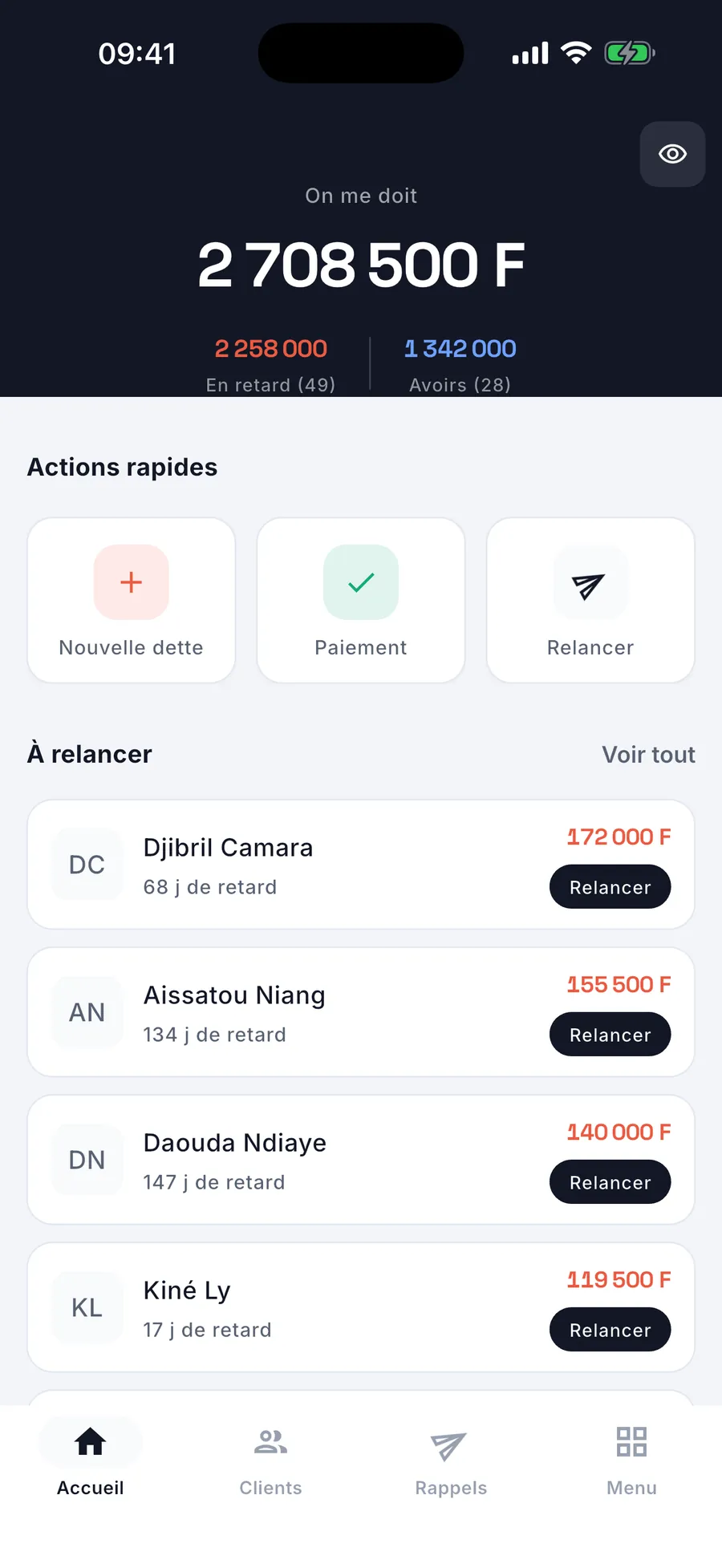 Karnet — tableau de bord : total dû et clients à relancer