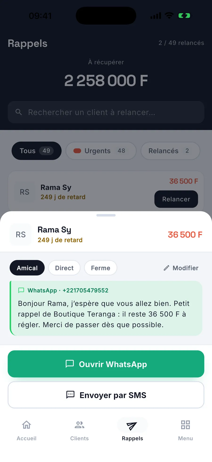 Karnet — rappel WhatsApp prêt à envoyer, avec le montant dû
